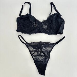 Vintage Victorias Secret Lingerie Set 36B Black Lace Sheer Bra G String Panty